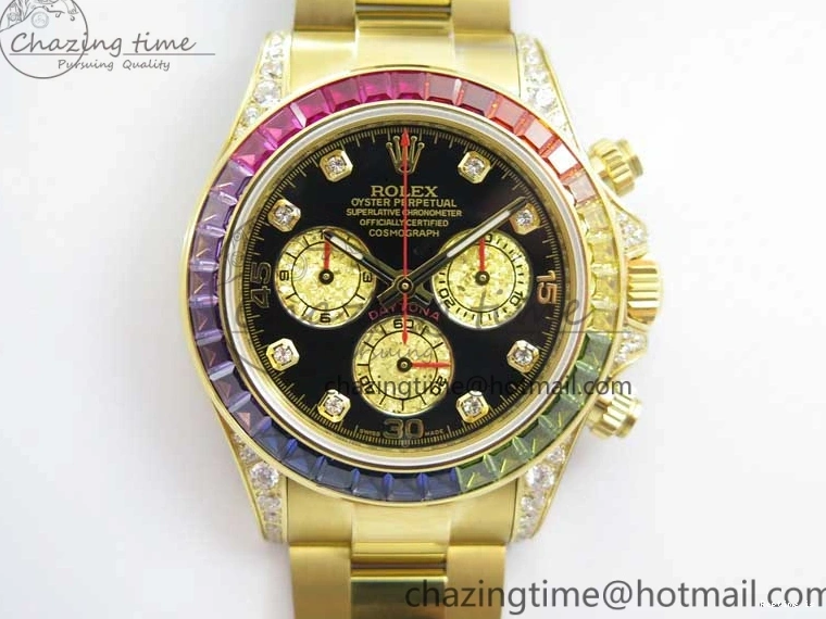 0109 Daytona 116589RBOW YG Rainbow Crystal BLF Best Edition Black Dial on YG Bracelet A SmoothTexture 3175